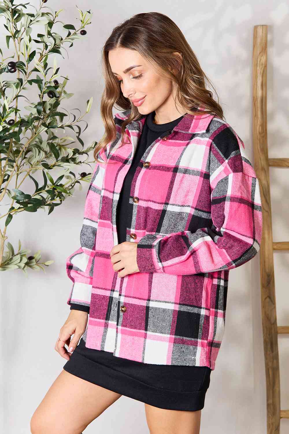 Double Take Plaid Button Up Collared Neck Jacket - TRENDMELO