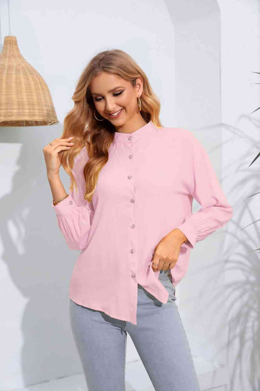 Mock Neck Buttoned Long Sleeve Shirt - TRENDMELO