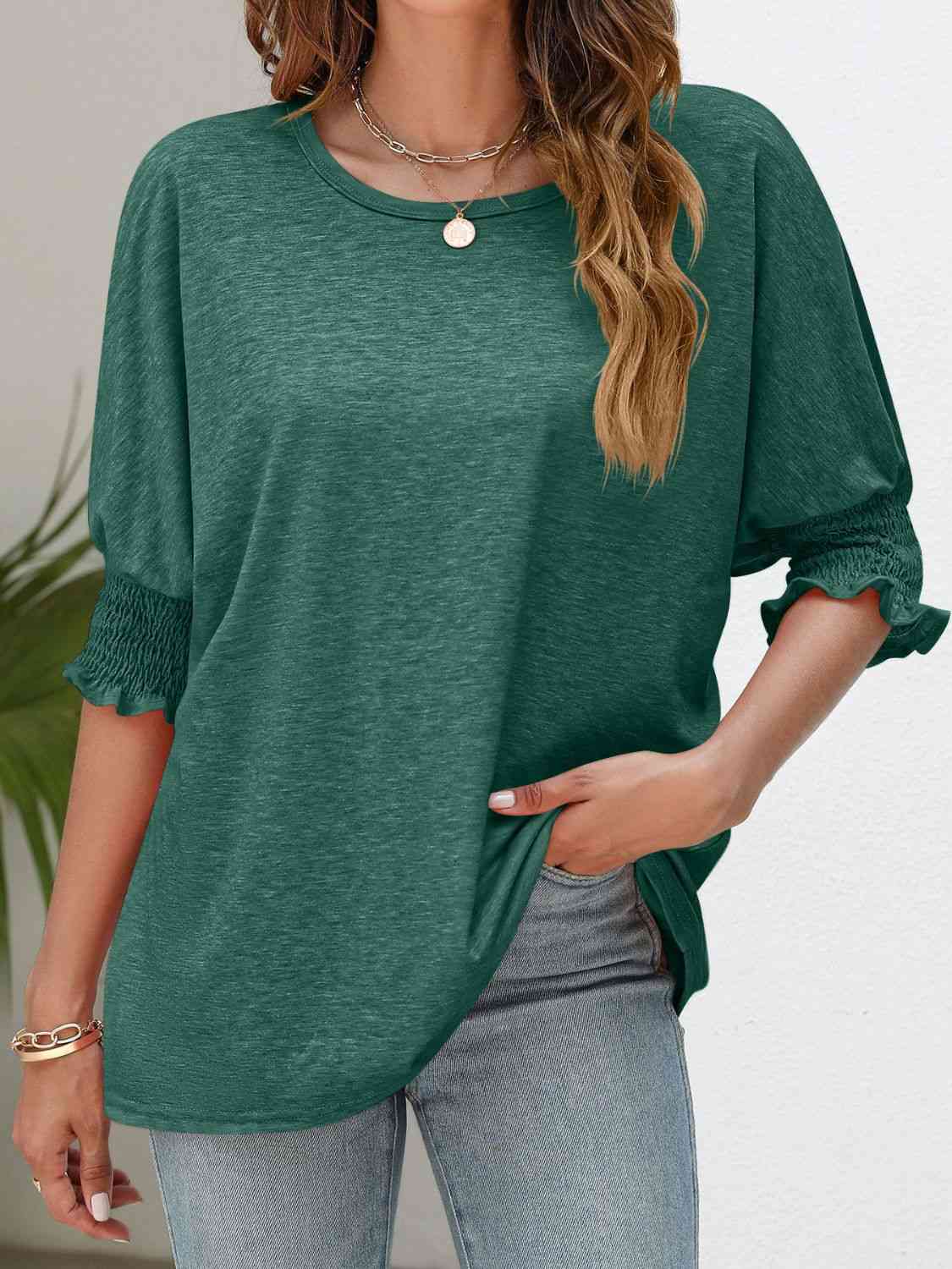 Smocked Flounce Sleeve Round Neck T-Shirt - TRENDMELO