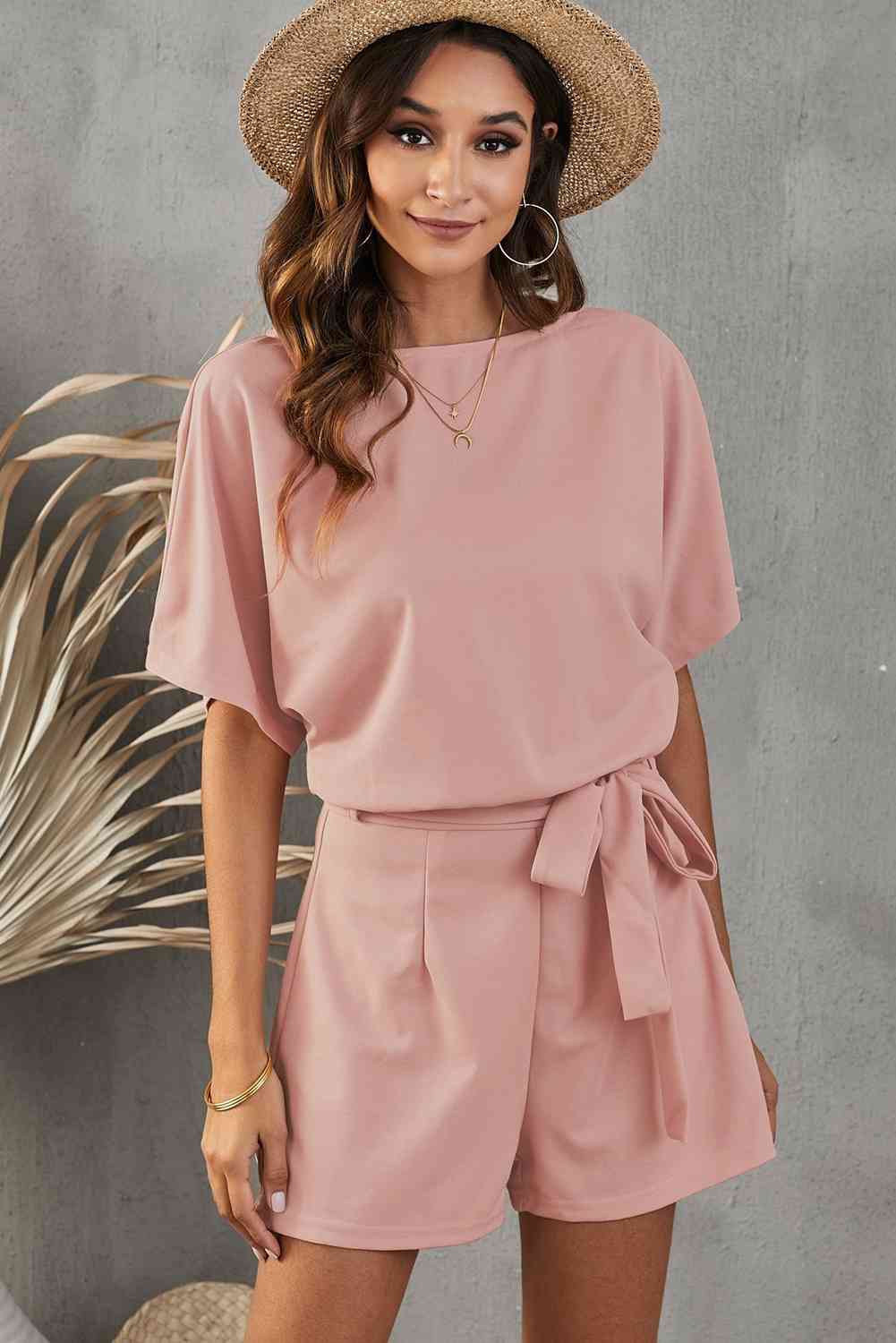 Tie Belt Short Sleeve Romper - TRENDMELO