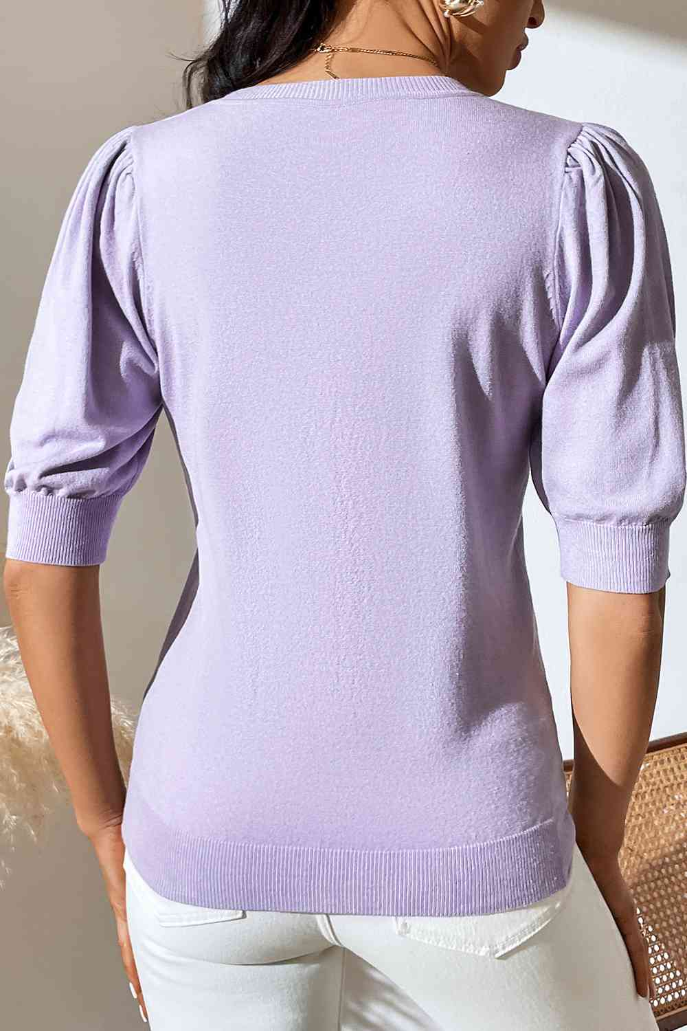 Round Neck Puff Sleeve Knit Top - TRENDMELO