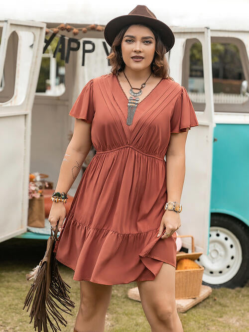 Double Take Plus Size Ruffle Hem V-Neck Short Sleeve Dress - TRENDMELO