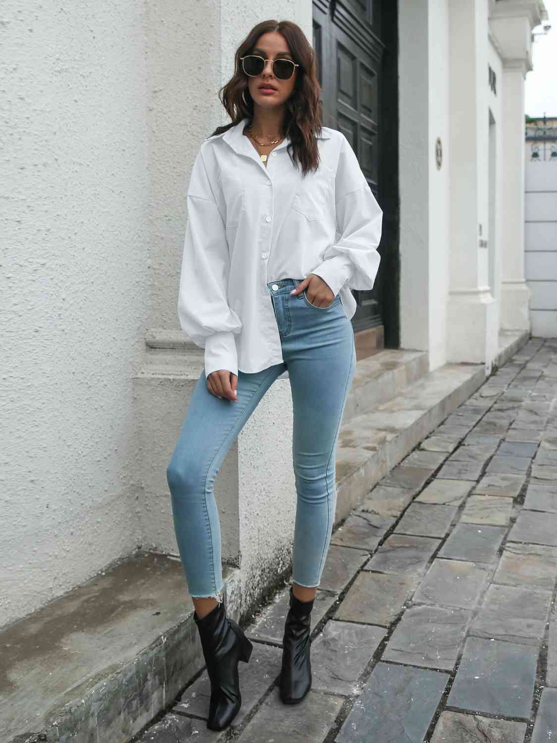 Collared Neck Dropped Shoulder Buttoned Shirt - TRENDMELO