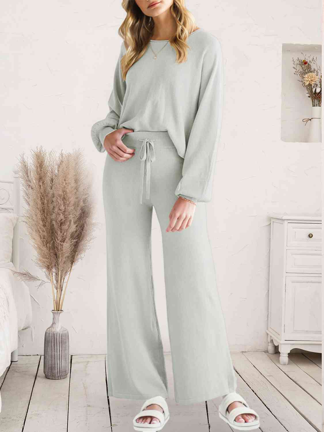 Long Sleeve Lounge Top and Drawstring Pants Set - TRENDMELO