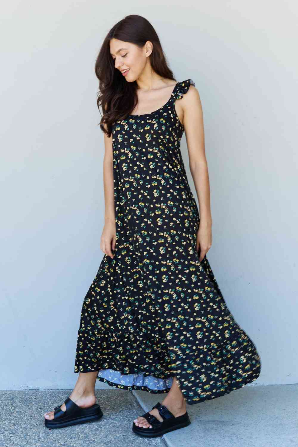 Doublju In The Garden Ruffle Floral Maxi Dress in Black Yellow Floral - TRENDMELO