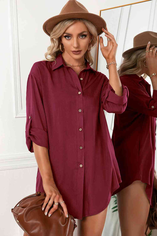 Solid Button Up Drop Shoulder Blouse - TRENDMELO