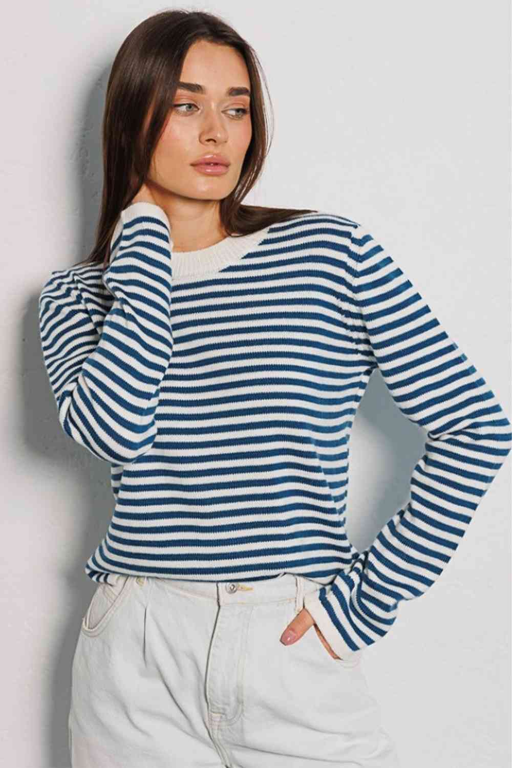 Striped Round Neck Long Sleeve Sweater - TRENDMELO