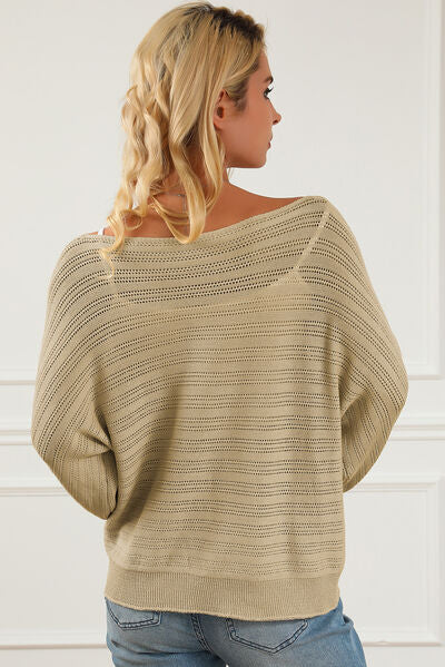 Openwork Boat Neck Lantern Sleeve Sweater - TRENDMELO