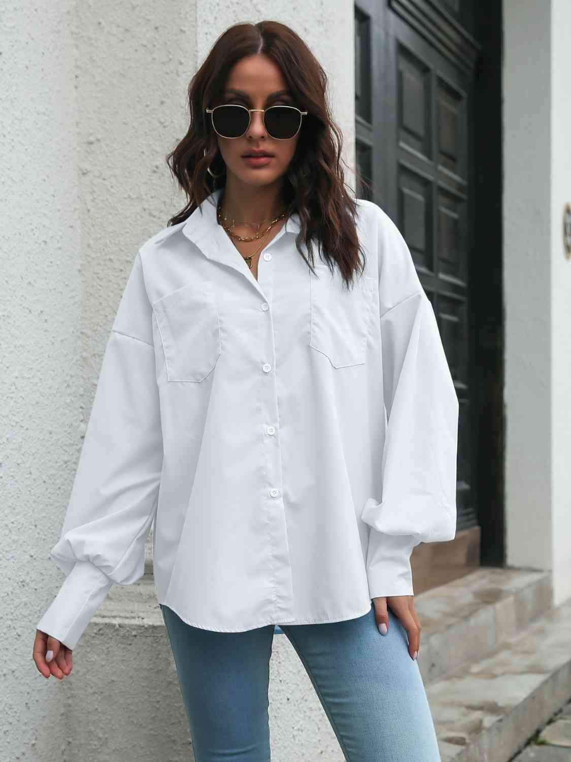 Collared Neck Dropped Shoulder Buttoned Shirt - TRENDMELO