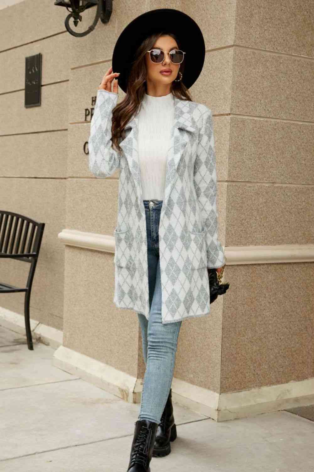 Double Take Printed Open Front Lapel Collar Cardigan with Pockets - TRENDMELO