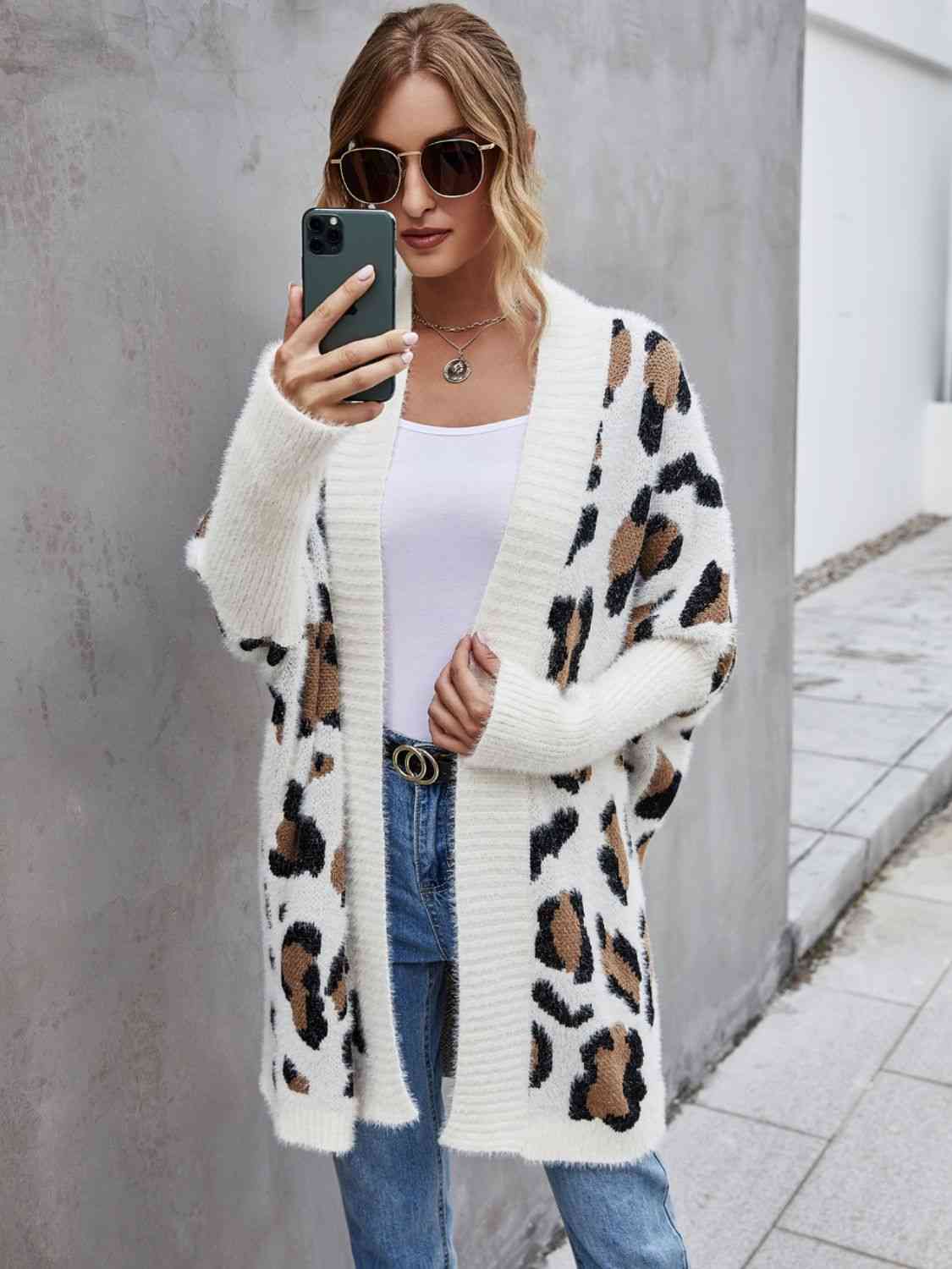 Leopard Pattern Fuzzy Cardigan - TRENDMELO