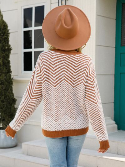 Striped Round Neck Dropped Shoulder Sweater - TRENDMELO