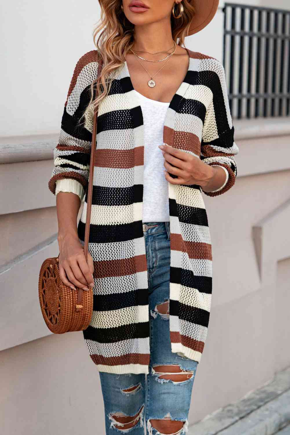 Full Size Striped Long Sleeve Openwork Cardigan - TRENDMELO