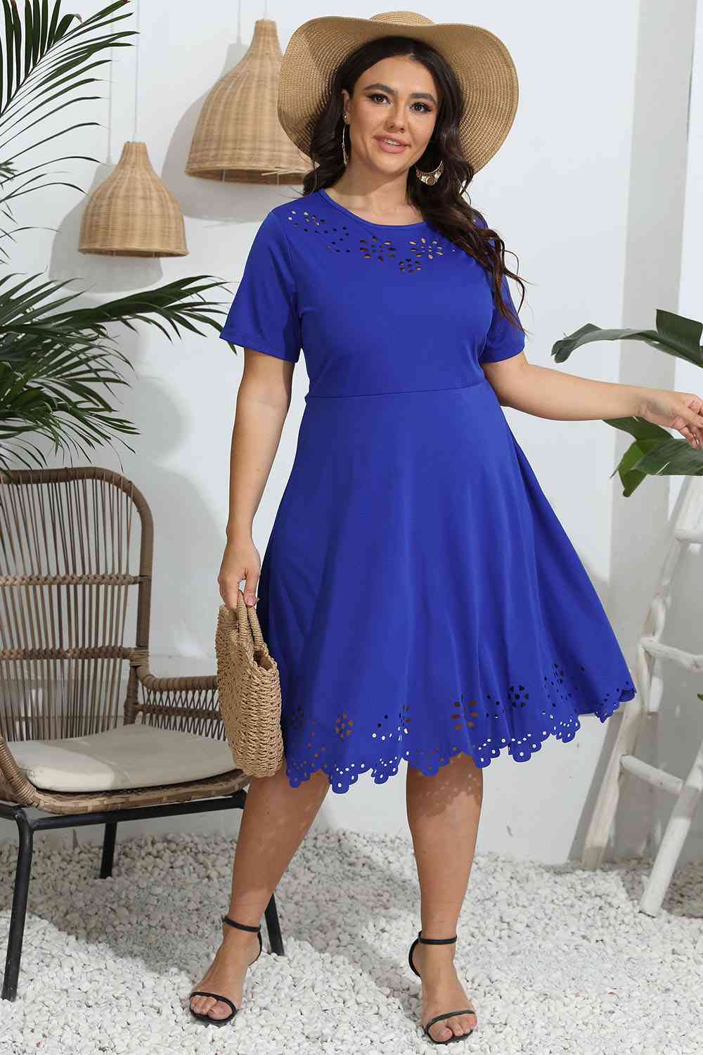 Plus Size Round Neck Openwork Dress - TRENDMELO