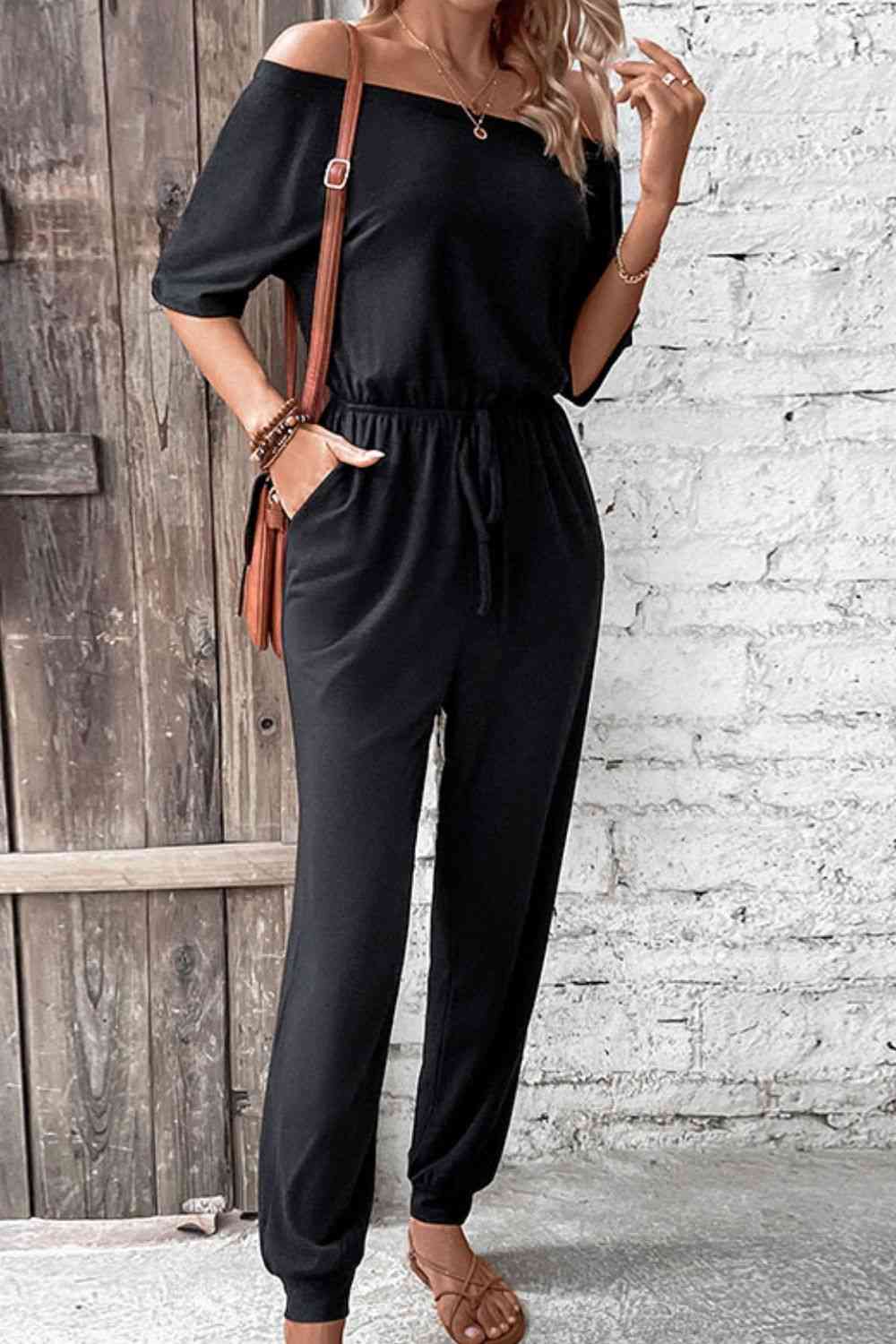 Off-Shoulder Jumpsuit with Pockets - TRENDMELO