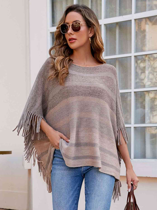 Striped Boat Neck Poncho with Fringes - TRENDMELO