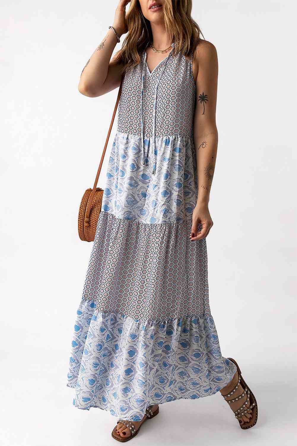 Mixed Print Tie-Neck Sleeveless Maxi Dress - TRENDMELO