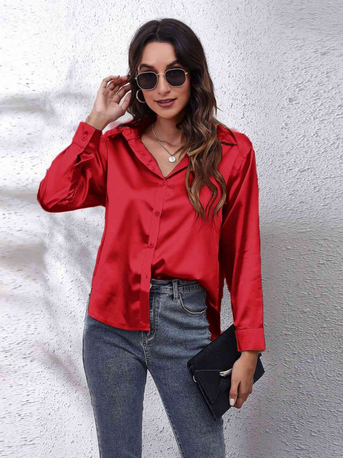 Collared Neck Buttoned Long Sleeve Shirt - TRENDMELO
