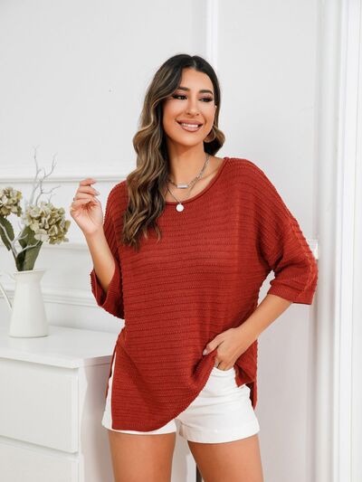 Rolled Round Neck Dropped Shoulder Slit Sweater - TRENDMELO