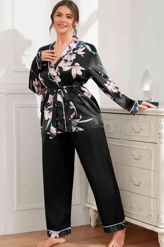 Plus Size Floral Belted Robe and Pants Pajama Set - TRENDMELO