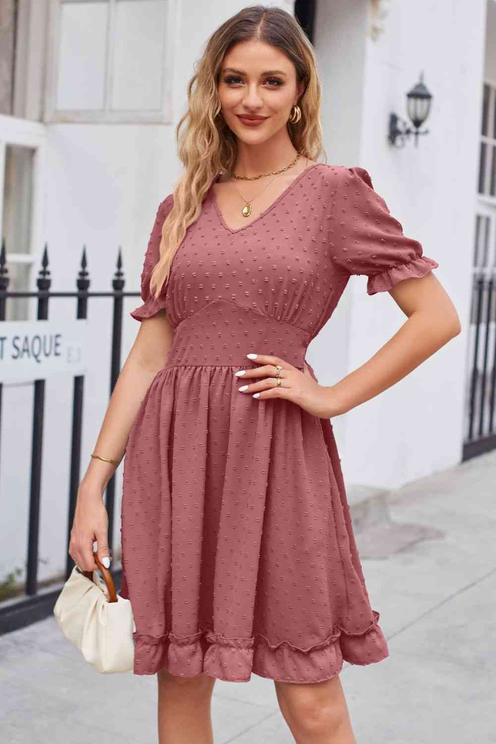 Swiss Dot Frill Trim Flounce Sleeve V-Neck Dress - TRENDMELO