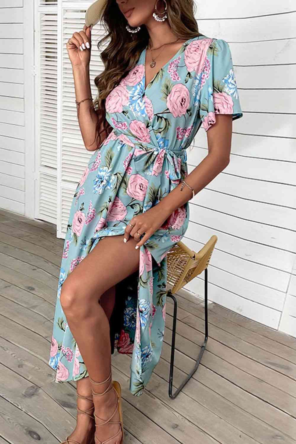 Floral Tie-Waist Slit Surplice Maxi Dress - TRENDMELO