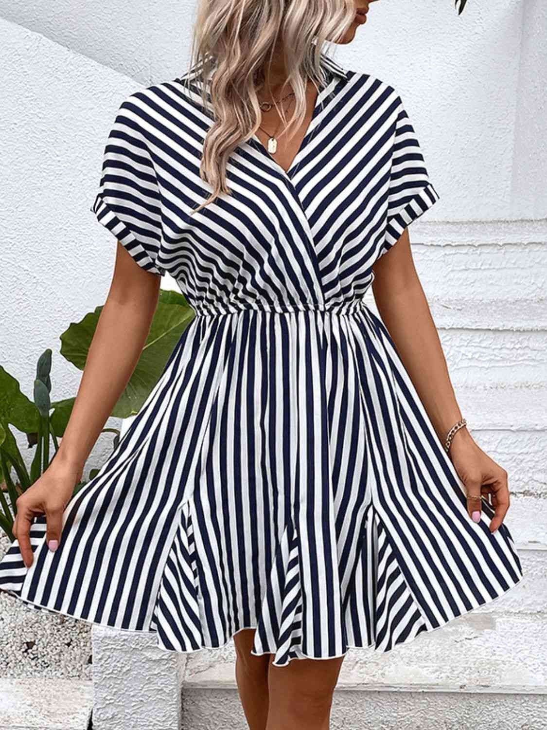 Striped Johnny Collar Mini Dress - TRENDMELO