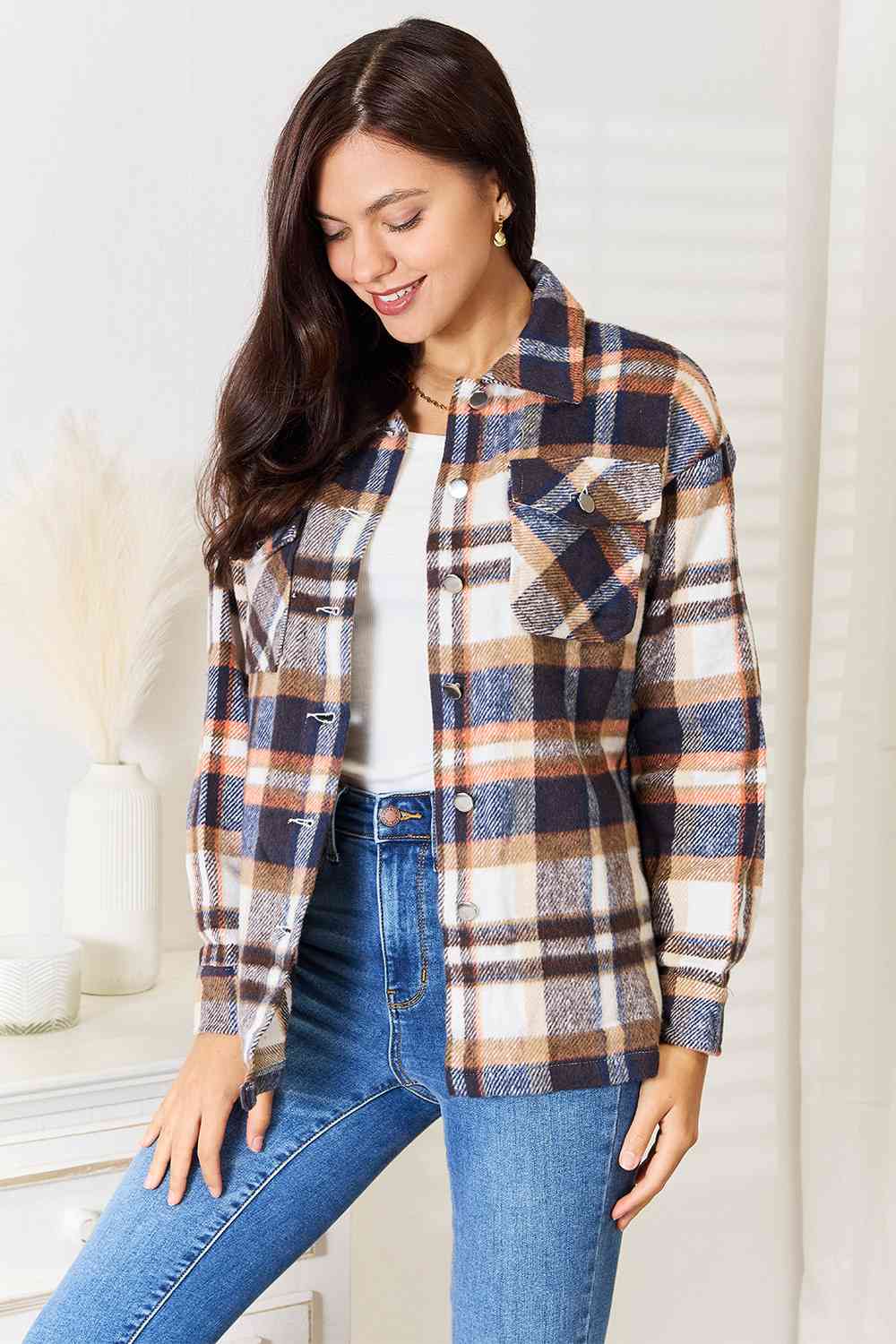 Double Take Plaid Button Front Shirt Jacket with Breast Pockets - TRENDMELO