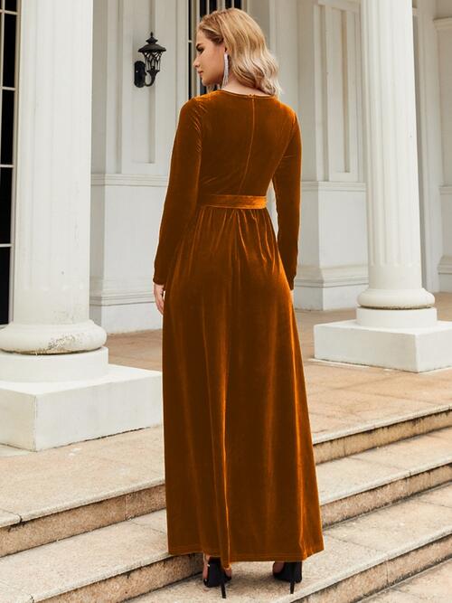 Tie Front Round Neck Long Sleeve Maxi Dress - TRENDMELO