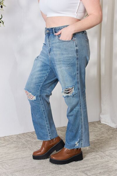 Judy Blue Full Size Distressed Raw Hem Straight Jeans - TRENDMELO