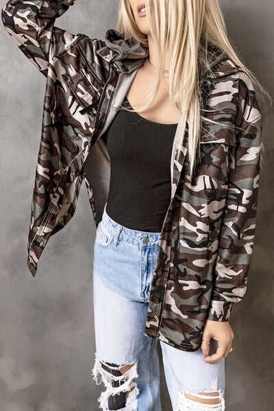 Camouflage Button Up Hooded Jacket - TRENDMELO