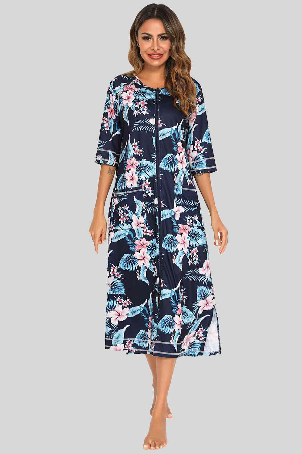 Printed Slit Night Dress with Pockets - TRENDMELO