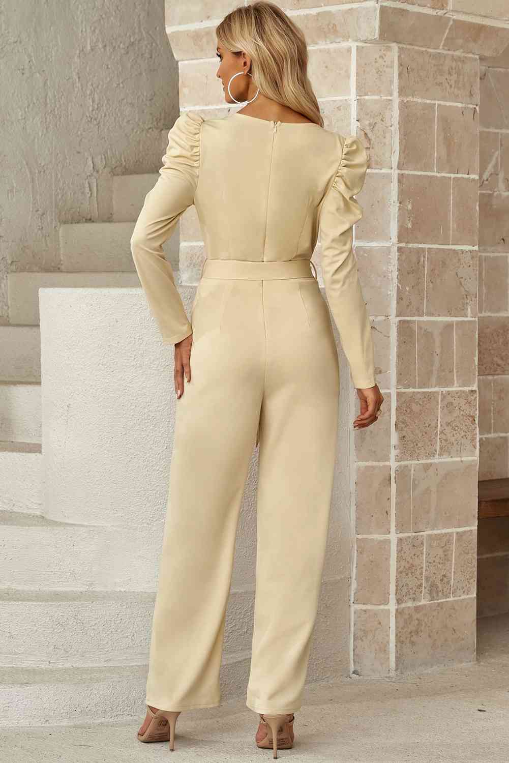 Belted Long Puff Sleeve V-Neck Jumpsuit - TRENDMELO