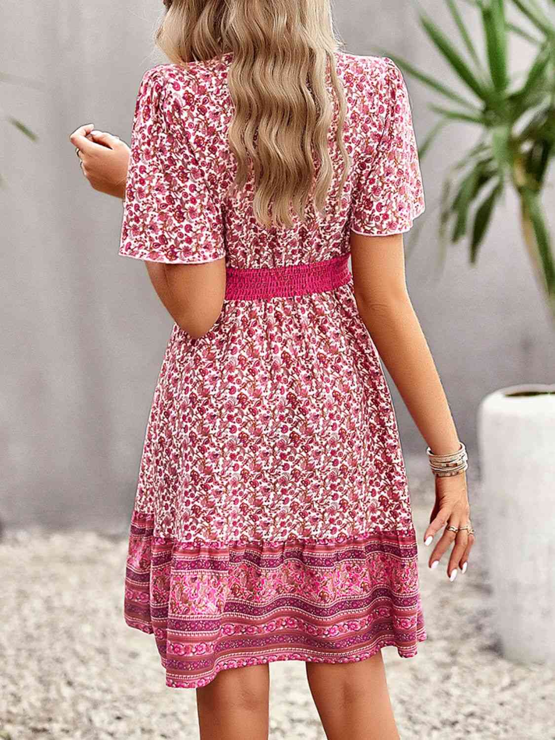 Floral Print Bohemian Style V-Neck Flutter Sleeve Dress - TRENDMELO