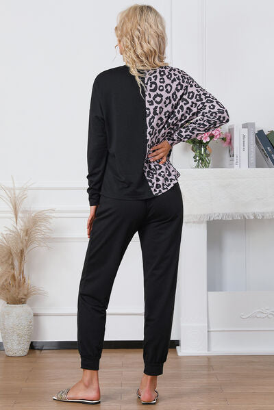 Leopard Round Neck Top and Drawstring Pants Lounge Set - TRENDMELO