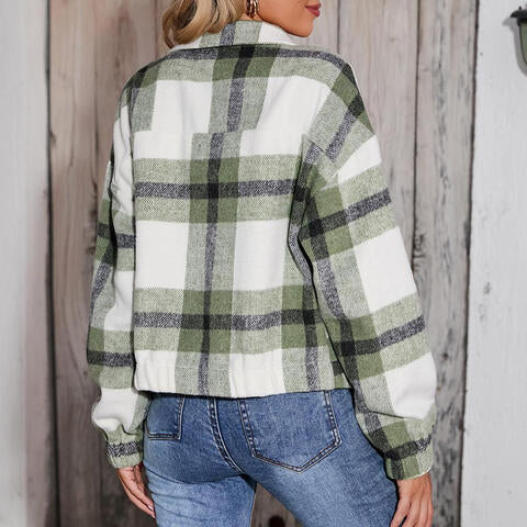 Plaid Zip-Up Collared Jacket - TRENDMELO