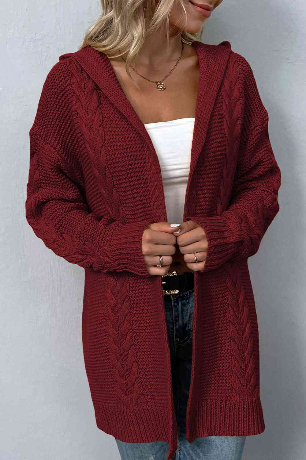 Cable-Knit Dropped Shoulder Hooded Cardigan - TRENDMELO