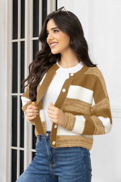 Striped Button Up Long Sleeve Cardigan - TRENDMELO