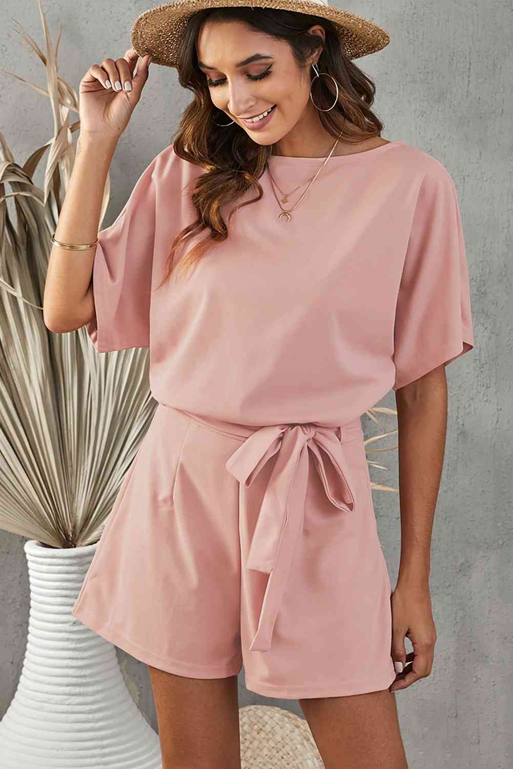 Tie Belt Short Sleeve Romper - TRENDMELO