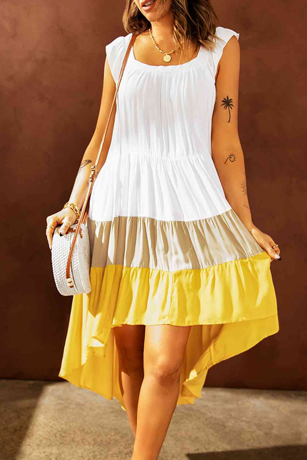 Color Block Ruffle Hem Tiered High-Low Dress - TRENDMELO