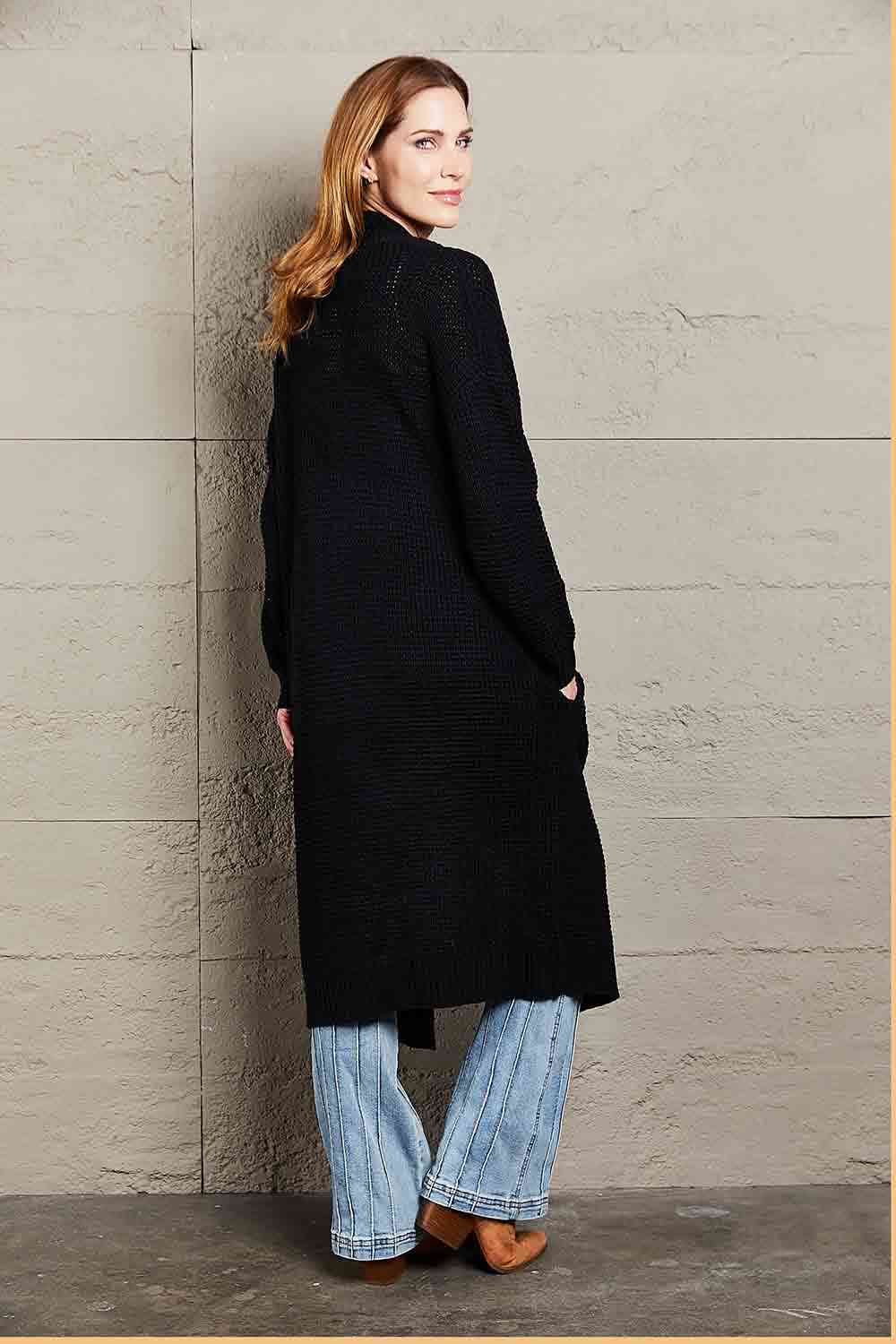 Double Take Waffle Knit Open Front Duster Cardigan With Pockets - TRENDMELO