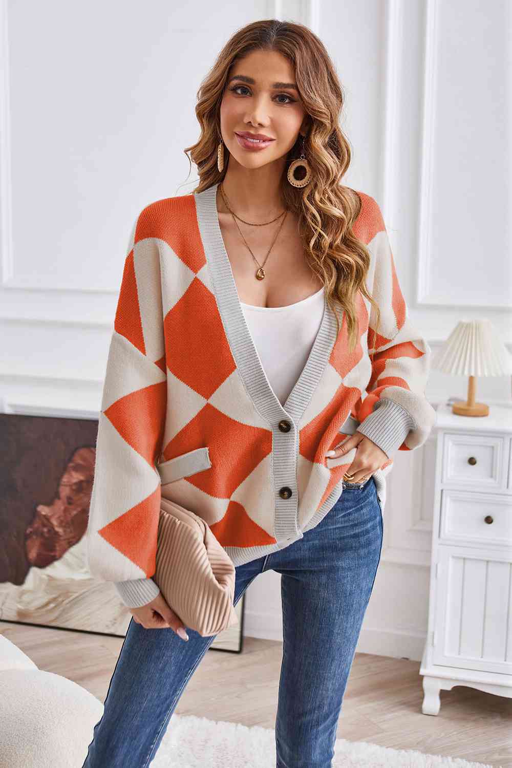 Geometric Lantern Sleeve Cardigan with Pockets - TRENDMELO