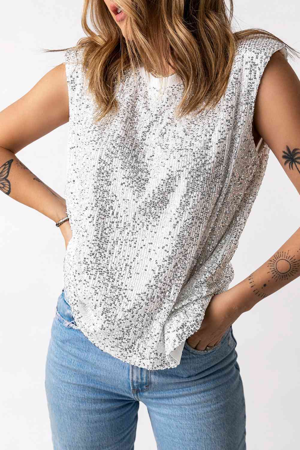 Sequin Round Neck Capped Sleeve Tank - TRENDMELO