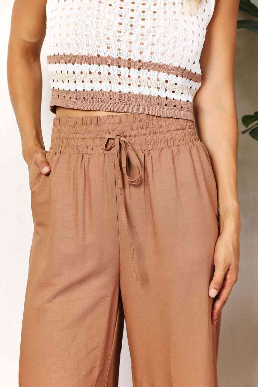 Double Take Drawstring Smocked Waist Wide Leg Pants - TRENDMELO