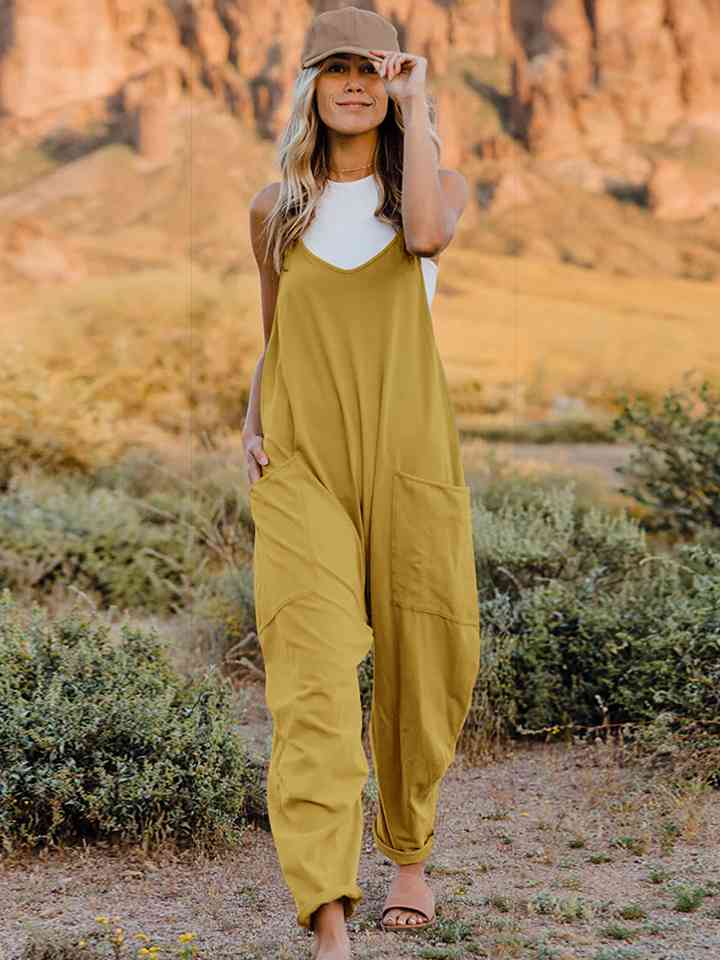 Double Take Full Size Sleeveless V-Neck Pocketed Jumpsuit - TRENDMELO