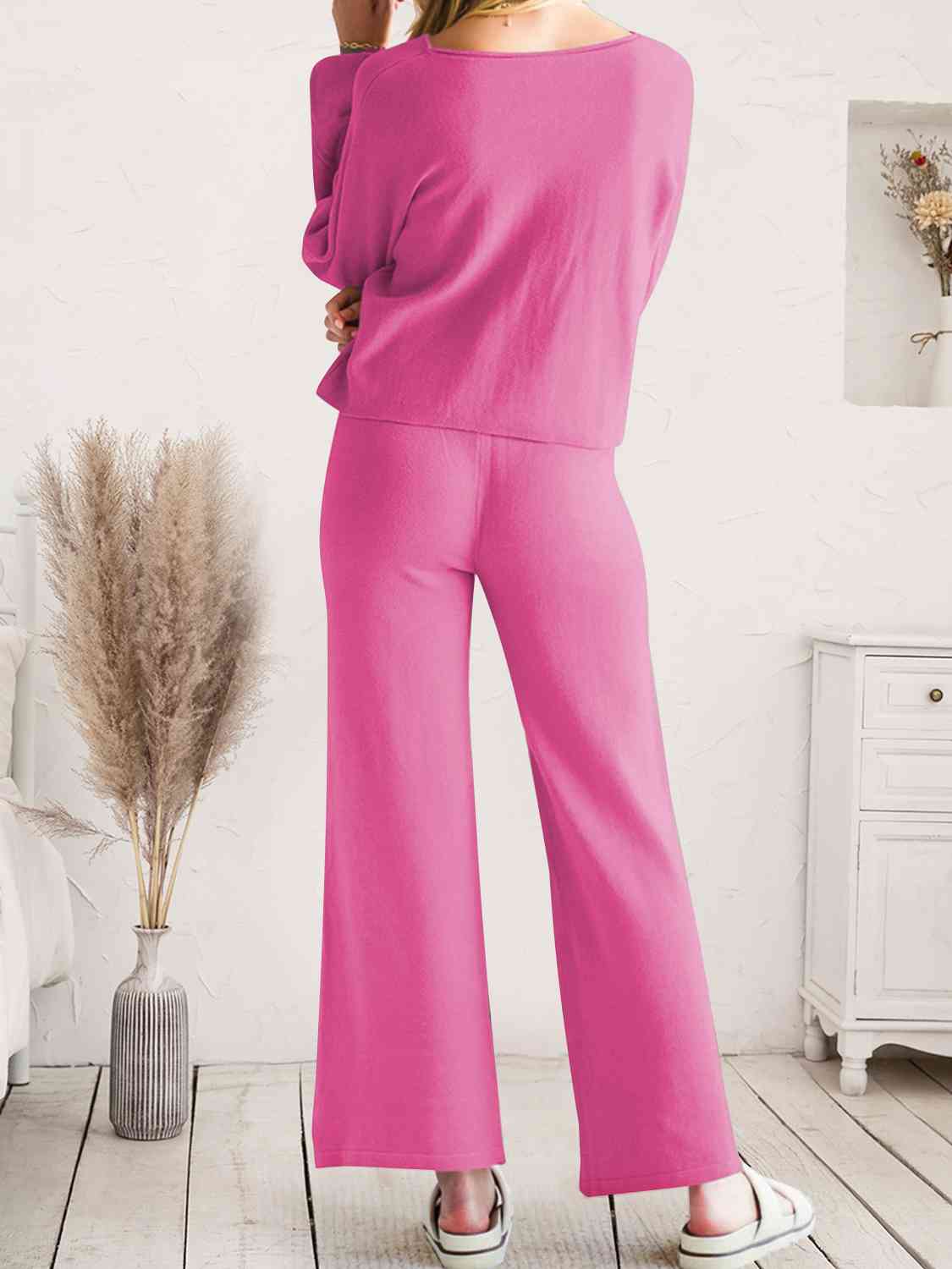 Long Sleeve Lounge Top and Drawstring Pants Set - TRENDMELO