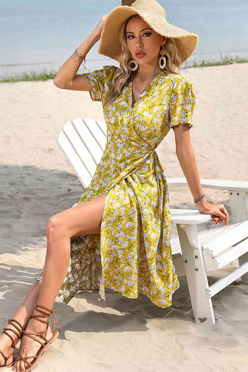 Floral Surplice Neck Short Sleeve Dress - TRENDMELO