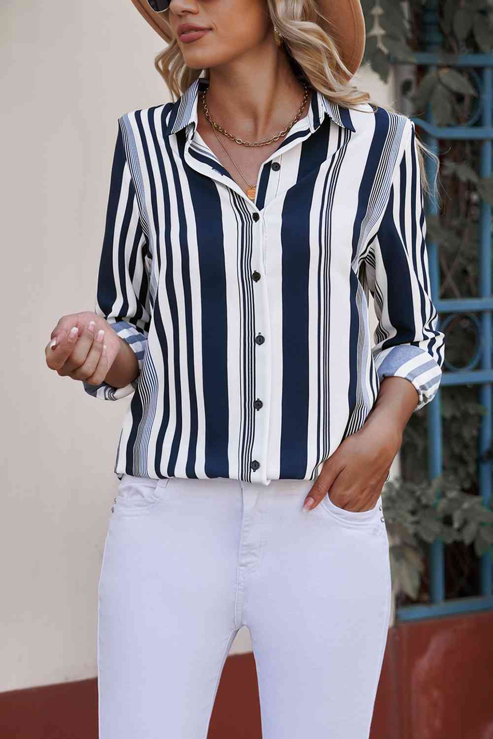 Striped Button-Down Long Sleeve Shirt - TRENDMELO