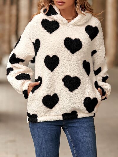 Fuzzy Heart Pocketed Dropped Shoulder Hoodie - TRENDMELO