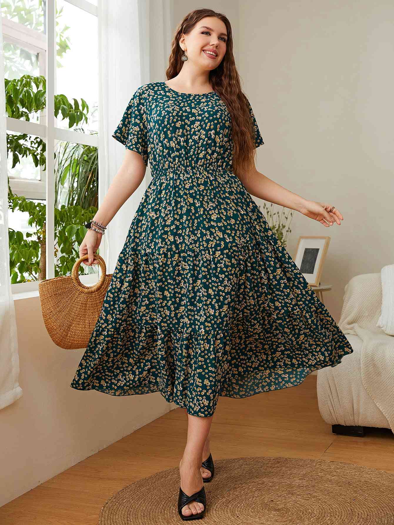 Plus Size Floral Round Neck Short Sleeve Midi Dress - TRENDMELO